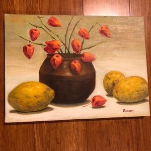 Still-life oil painting featuring quinces & crushed cherries